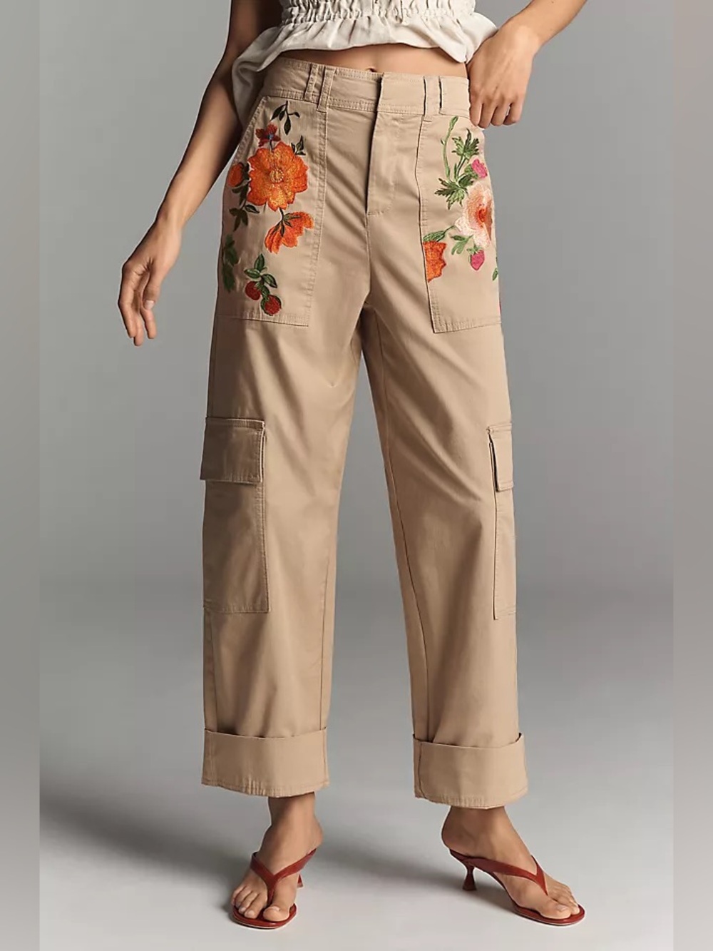 Anthropologie Embroidered Beige Cargo Pants